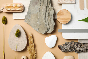 Flat lay of creative moodboard composition, top view