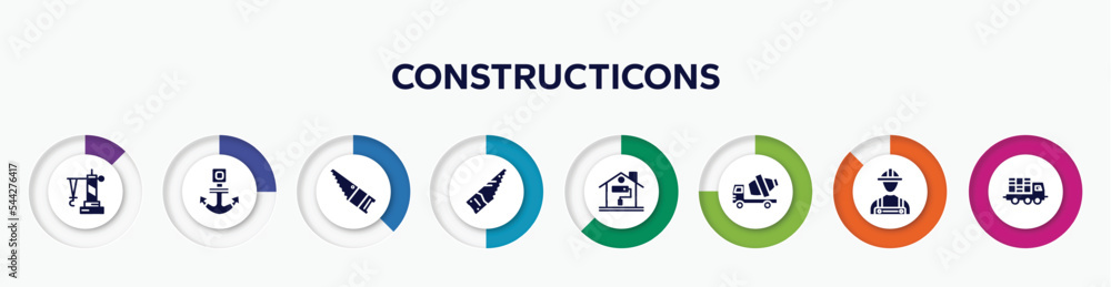 Poster infographic element with constructicons filled icons. included derrick facing right, anchor navigati