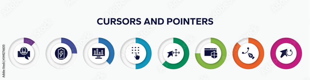 Poster infographic element with cursors and pointers filled icons. included chat avatar, charging circle, l
