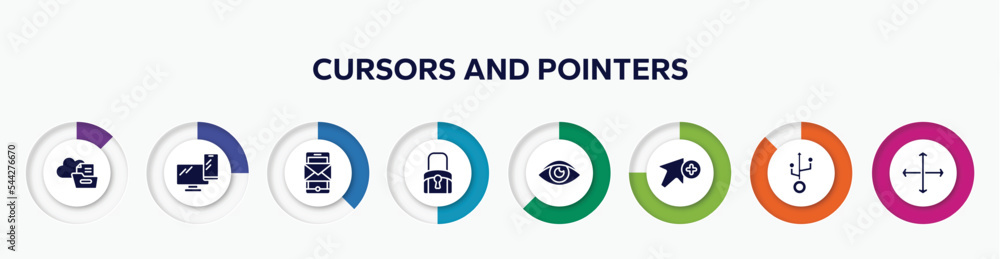 Poster infographic element with cursors and pointers filled icons. included files folder on cloud, pc smart