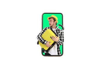 Phone with Man with suitcase, isolated on white background