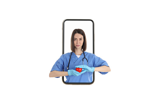 Phone with Doctor with heart, isolated on white background