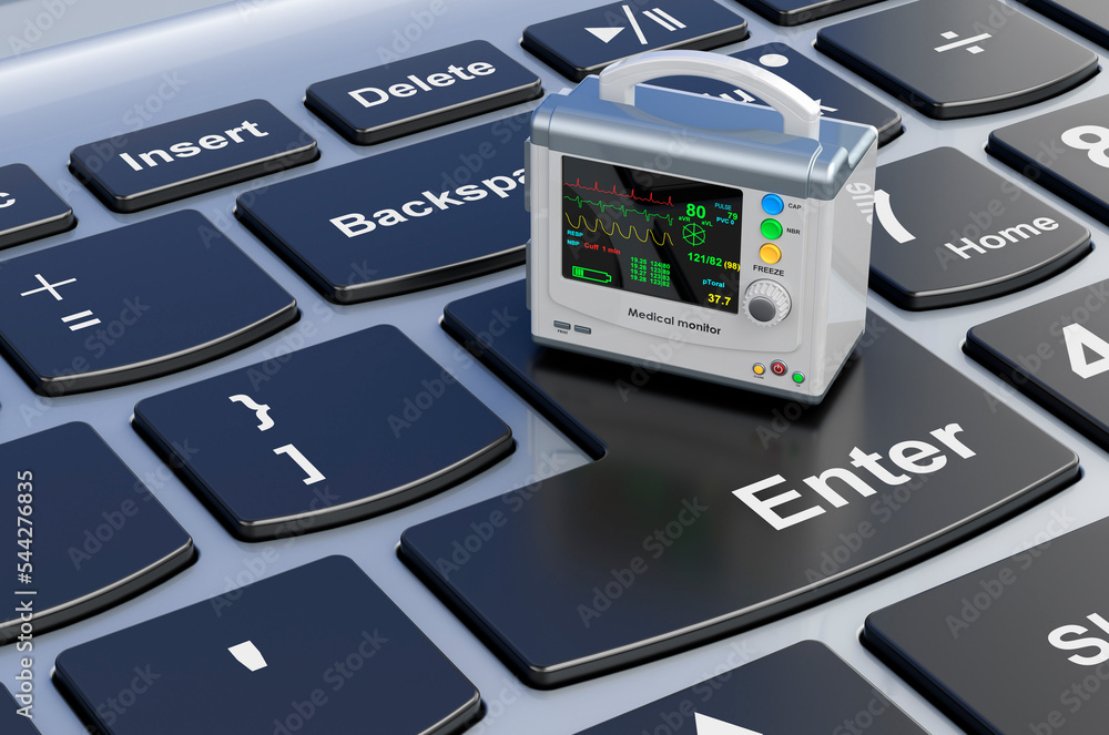 Poster medical monitor on computer keyboard, 3d rendering