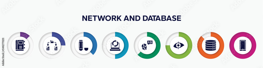 Poster infographic element with network and database filled icons. included appointment book, file sharing,