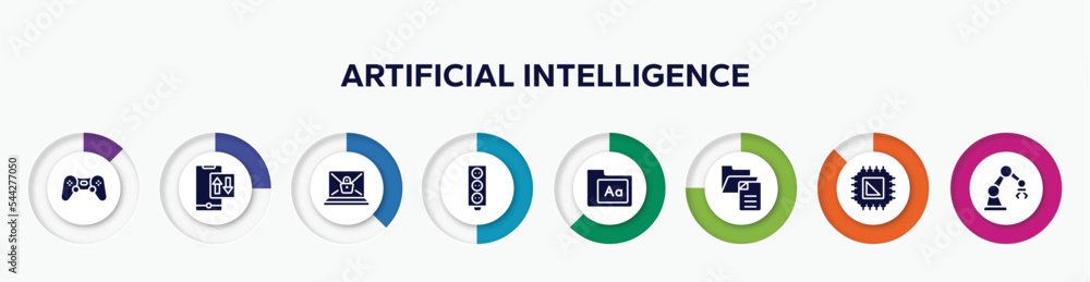 Poster infographic element with artificial intelligence filled icons. included computer game, mobile data, 