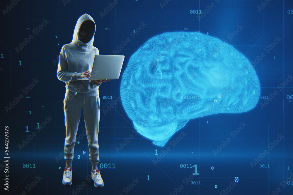 Poster Abstract image of hacker with laptop computer and creative blue brain hologram on blurry background. Neurology, data hacking, theft, anatomy, ai and machine learning concept.