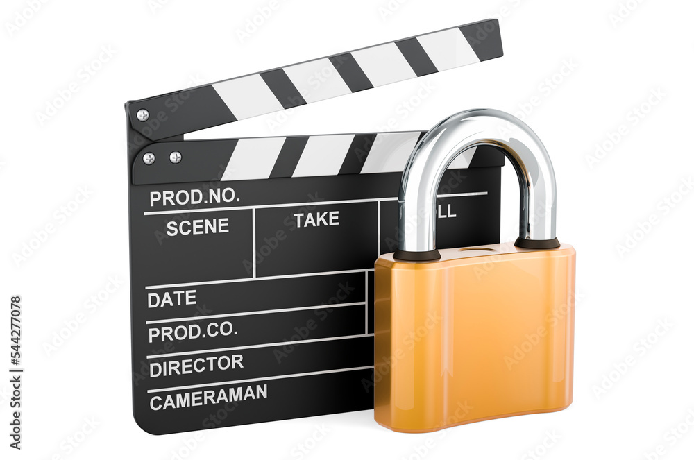 Poster clapperboard with padlock, 3d rendering