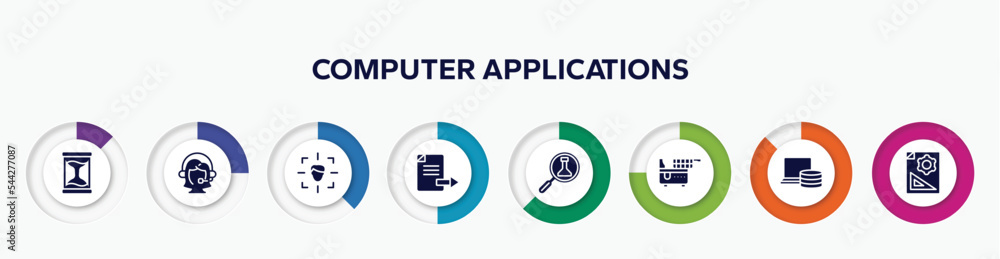 Poster infographic element with computer applications filled icons. included sand timer, assistant, detecti