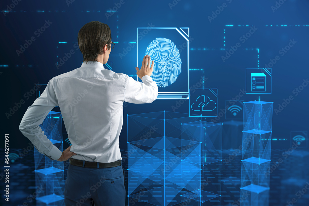 Poster back view of young european bussinessman using abstract glowing fingerprint hologram on blurry blue 