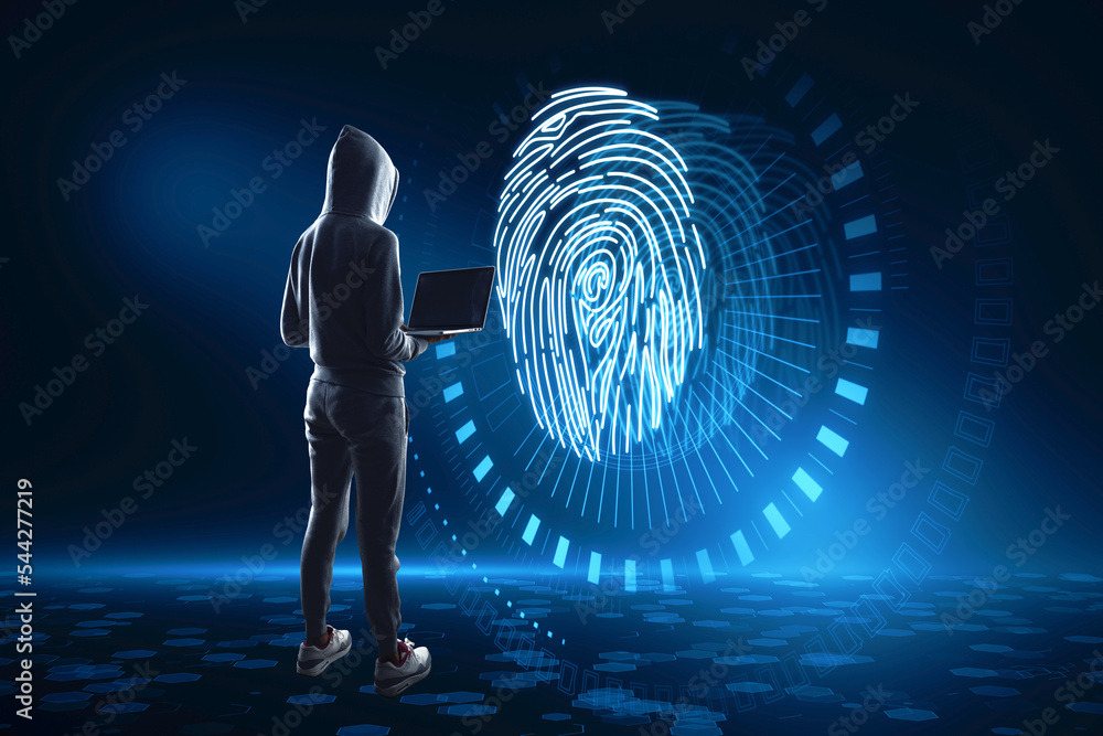Poster Hacker using laptop with abstract glowing fingerprint hologram on blurry blue background. Personal security and data theft concept.