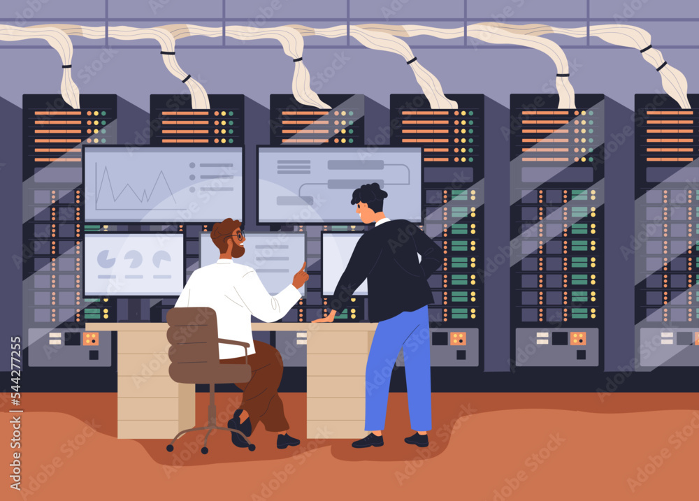 Aufkleber Administration of big data, work at multiple-screen computer in server room. Maintenance, support of cybersecurity and information storage. Business technology concept. Flat vector illustration