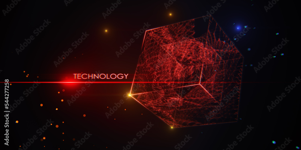 Aufkleber Digital data connection technology concept with bright red technology word and 3D cube on abstract dark background. 3D rendering