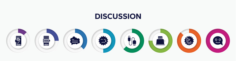 infographic element with discussion filled icons. included mobile analytics business tool, battery with full charge, bubble speech, cry, usb connector, toaster, tweet, smiles vector.