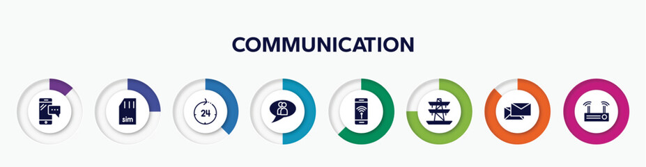 infographic element with communication filled icons. included smartphone message, simcard, 24h, chat group, smartphone with wireless internet, tower transmissions, letters, modem vector.