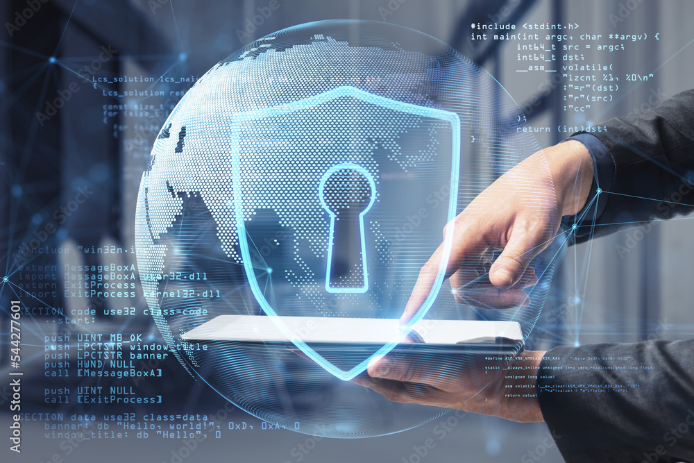 Aufkleber Close up of businessman hands pointing at pad with abstract safety hologram with globe and coding on blurry background. Secure, protection and web concept. Double exposure.
