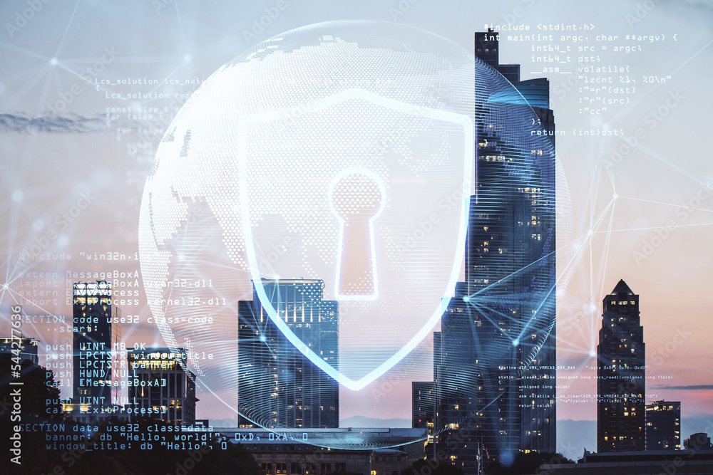 Poster creative safety hologram with globe and coding on blurry night city and sky backdrop. secure, protec