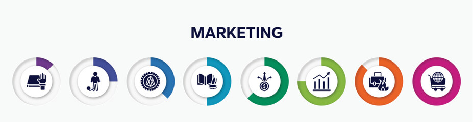 infographic element with marketing filled icons. included oath, prisoner, eor tokens, finance book, diversify, demand, burning, world wide shopping vector.