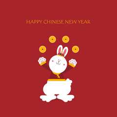happy chinese new year with text, year of the rabbit zodiac, asian culture festival concept with gold in red background, flat vector illustration cartoon character design
