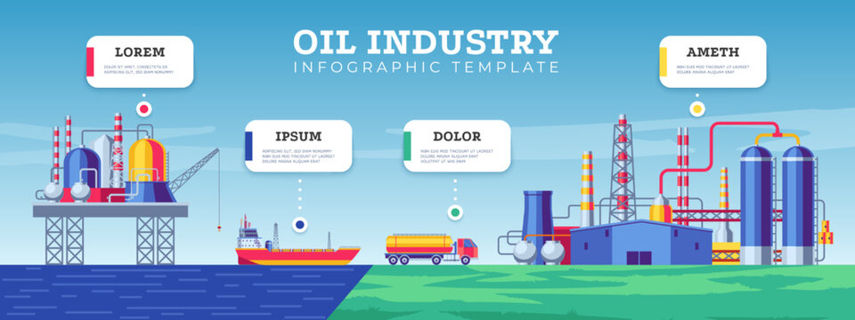 Oil industry infographic. Petroleum production distribution transportation business presentation, refinery plant offshore crude extraction. Vector illustration