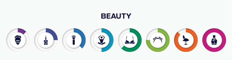 infographic element with beauty filled icons. included man with goatbeard, parfum bottle, hair shaver, meditation, brassiere, headbands, comfortable chair, small perfume bottle vector.