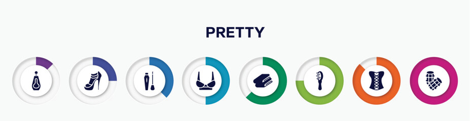 infographic element with pretty filled icons. included big perfume bottle, high heel, liquid lipstick, women brassiere, folded towel, inclined hairbrush, women cor, hair rollers vector.