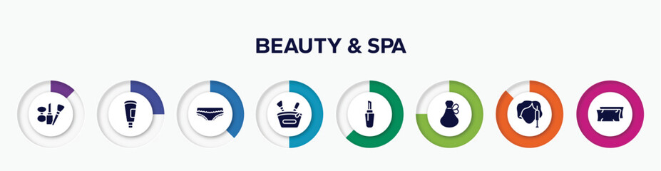 infographic element with beauty & spa filled icons. included cosmetic tools, cream tube, panties with lace, little makeup box, lipstick with cover, french perfume, beauty treatment, pillow vector.