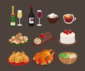 Christmas and happy new year illustration of christmas table. festive meal.