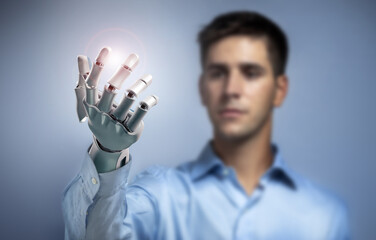 Young man controlling electronic robotic hand. 3d rendering. Connection to robotic limb. Conceptual...