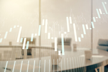 Multi exposure of abstract virtual financial graph hologram on a modern conference room background, forex and investment concept