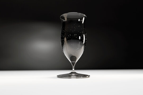 Glass chalice on black and white high contrast background. Black liquid in a tall glass with some condensation.