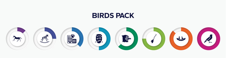 infographic element with birds pack filled icons. included horse running, horse rocker black, hotel building, frankenstein, eagle, broom, birds in nest, bird of black feathers vector.