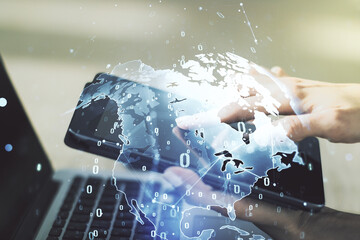 Multi exposure of abstract creative coding sketch with world map and finger presses on a digital tablet on background, artificial intelligence and neural networks concept