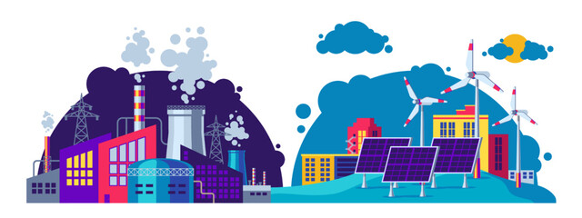 Green energy vs pollution. Solar renewable power electricity generation and fossil thermal coal nuclear production, industrial concept. Vector illustration © Tartila