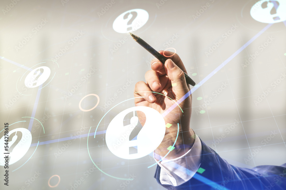 Aufkleber man hand with pen working with abstract virtual question mark illustration on blurred office backgro