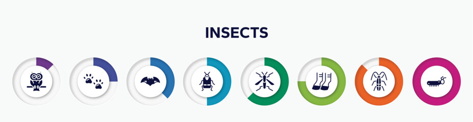 infographic element with insects filled icons. included owl, pawprint, bat, crioceris, wasp, hoof, cockroach, caterpillar vector.