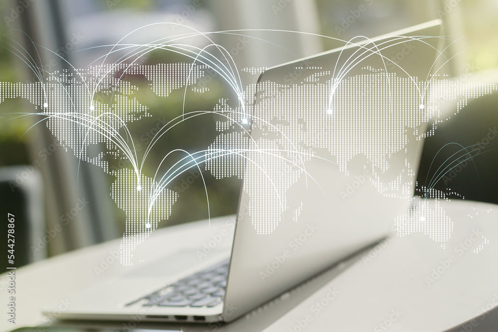 Poster double exposure of abstract digital world map with connections on laptop background, research and st