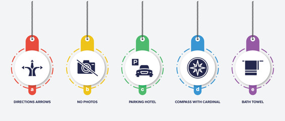 infographic element template with hotel services filled icons such as directions arrows, no photos, parking hotel, compass with cardinal points, bath towel vector.