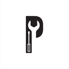 Letter P vector logo design with wrench and screwdriver.