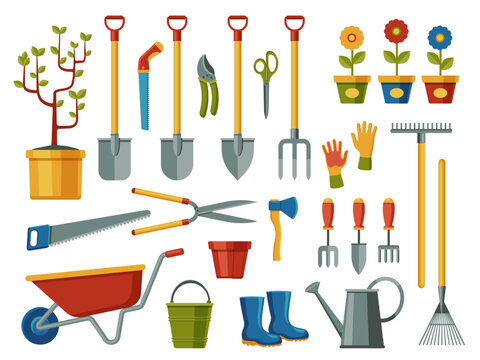 Garden tools. Farm agriculture equipment with shovel rake rubber boots secateurs cutter gloves lawnmower, flat cartoon gardening icons. Vector isolated set