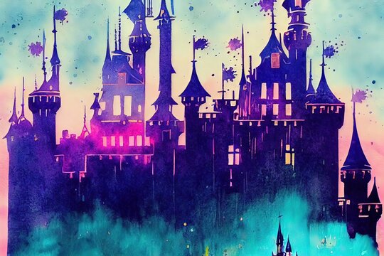 Fantasy concept of a Castle in Paris, water color style. Photorealistic water color painting. Digital art style, illustration painting.