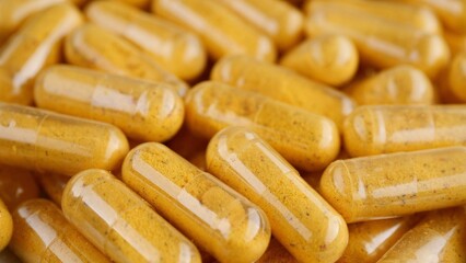 Yellow capsule close up. Tablets or vitamins in capsules