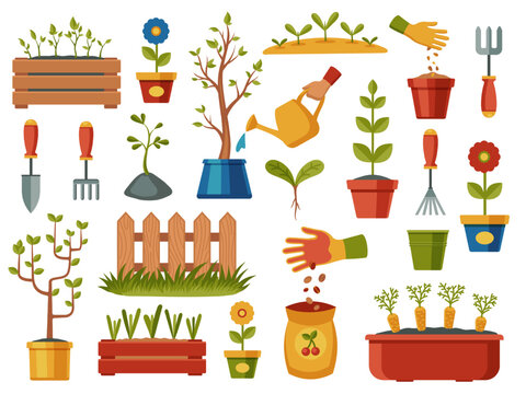 Planting seeds collection. Cartoon garden tools, gardening equipment flowerpot watering can pot shovel gloves, agriculture cultivating concept. Vector set
