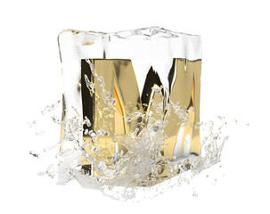 Gold letter M in cube of melting ice and drop water on isolated background. Idea for winter splash banner. 3d rendering