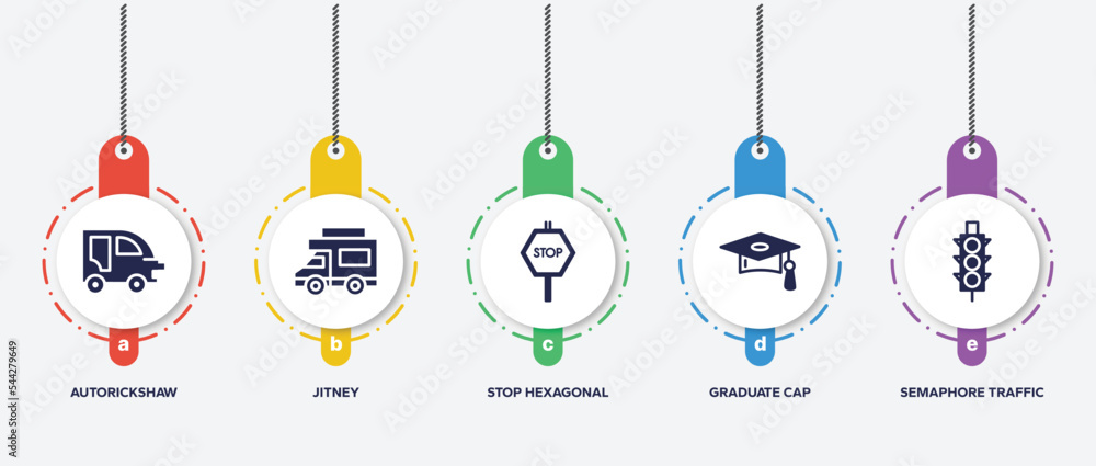 Poster infographic element template with signals set filled icons such as autorickshaw, jitney, stop hexago
