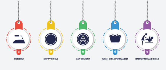 infographic element template with indications filled icons such as iron low, empty circle, any solvent, wash cycle permanent press, babysitter and child vector.
