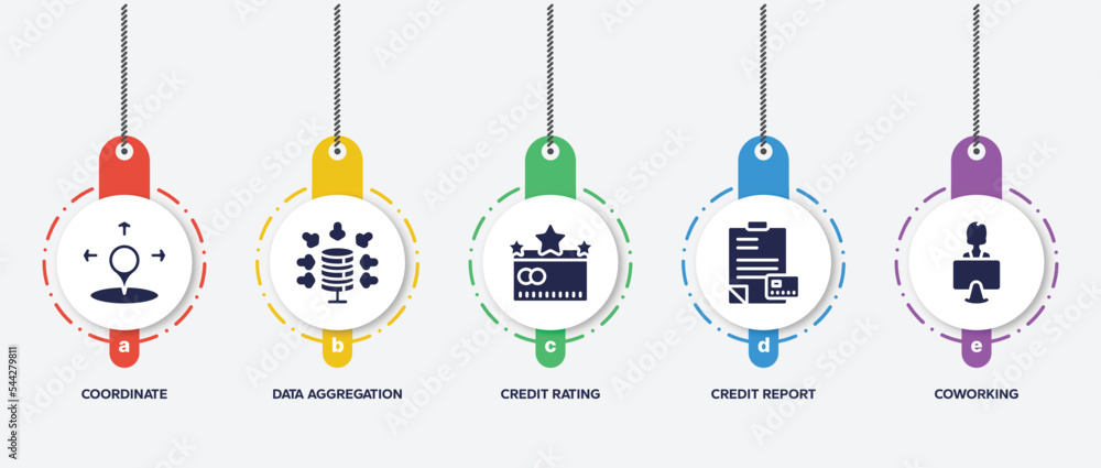 Aufkleber infographic element template with general filled icons such as coordinate, data aggregation, credit 