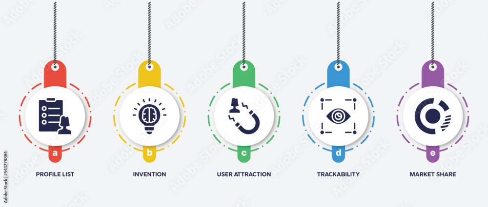 Poster infographic element template with general filled icons such as profile list, invention, user attract