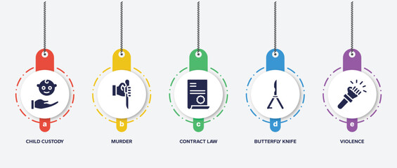 infographic element template with law and justice filled icons such as child custody, murder, contract law, butterfly knife, violence vector.