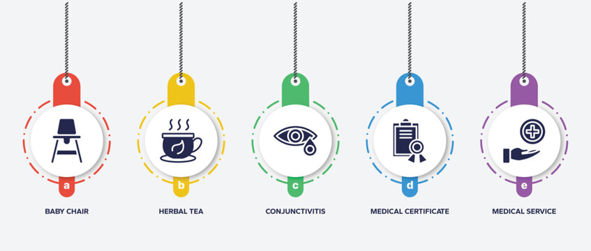 Infographic Element Template With Hospital Filled Icons Such As Baby Chair, Herbal Tea, Conjunctivitis, Medical Certificate, Medical Service Vector.