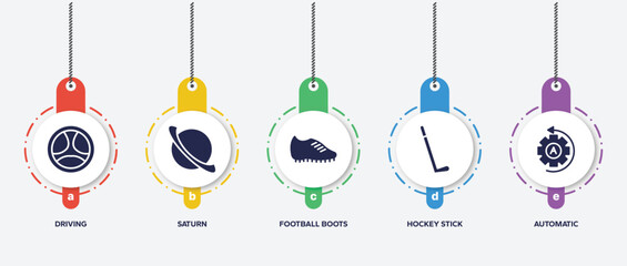 infographic element template with driving school filled icons such as driving, saturn, football boots, hockey stick, automatic vector.